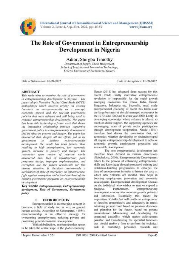 What is the role of government in entrepreneurship development in Nigeria?